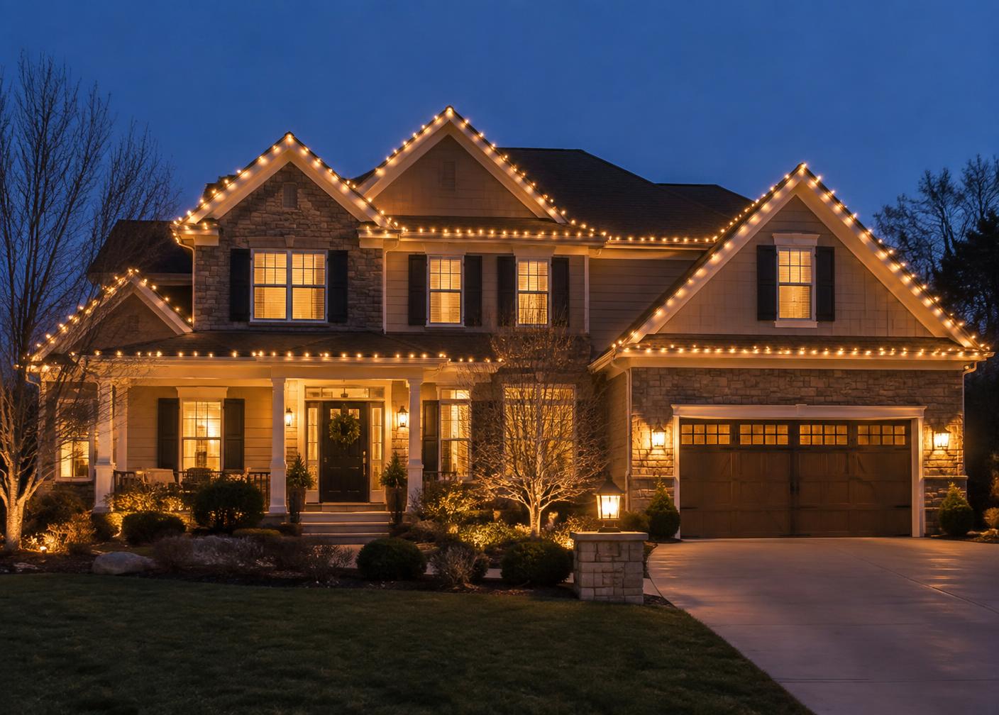 Home with professionally installed warm white Christmas lights